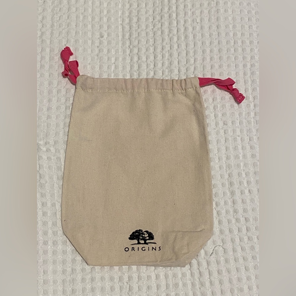 Origins Natural Canvas Drawstring Pouch with Pink Ribbon